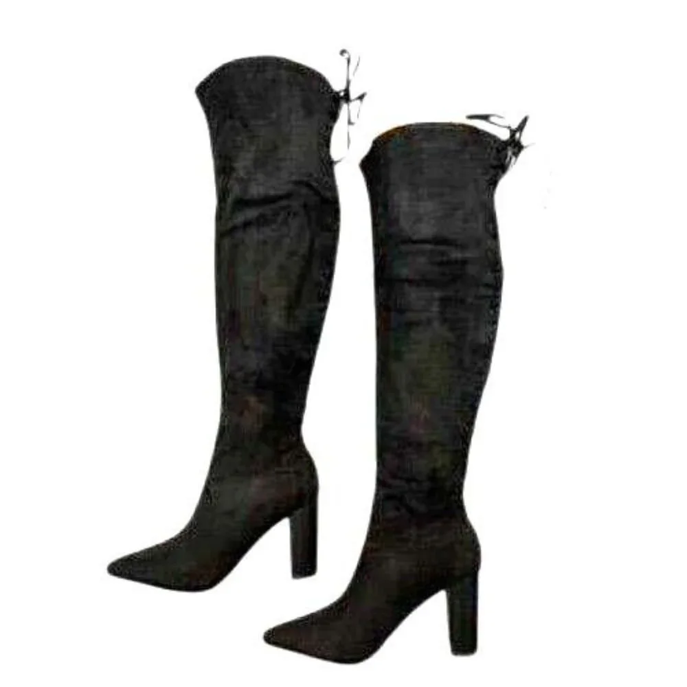 Black Over-The-Knee Suede Boots Women Size 5.5 Lace-Up Fashion 3.5 In Heels NEW